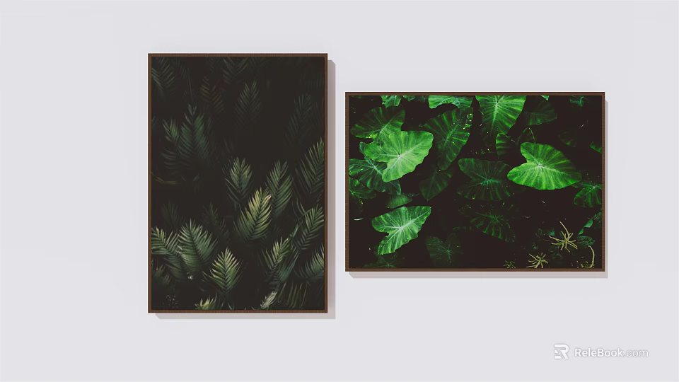 Vibrant Green Tropical Leaf Plant Paintings With Dark Background Wall Art 3d model 