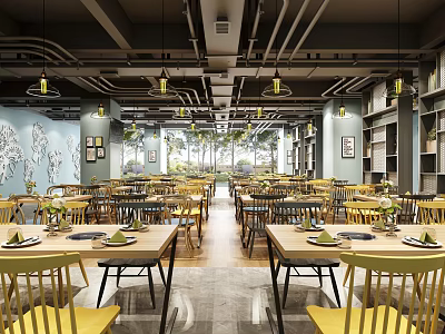 Modern Restaurant Interior Design With Wooden Tables Yellow Chairs Hanging Lights And Green Plants 3d model