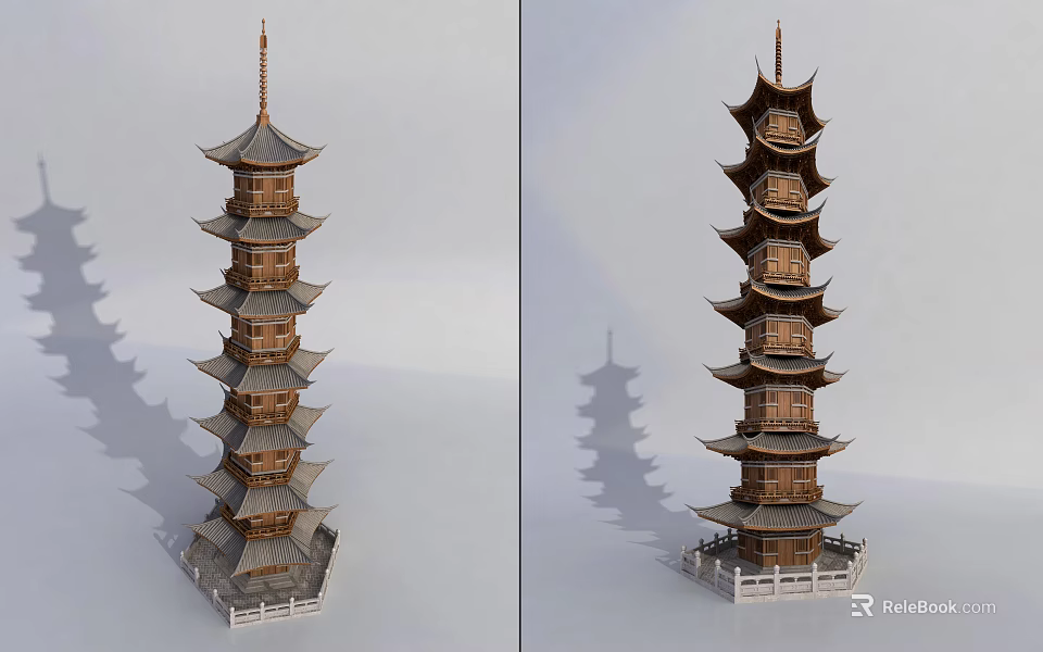 Traditional Chinese Multi story Wooden Tower With Curved Eaves And Base Railings 3d model 
