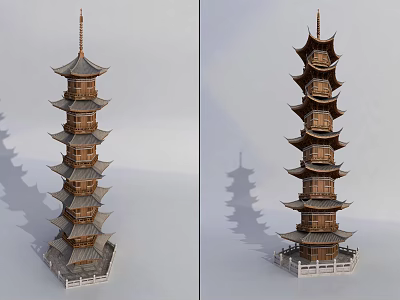 Traditional Chinese Multi story Wooden Tower With Curved Eaves And Base Railings 3d model