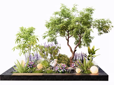 Decorative Miniature Garden Landscape With Tree Various Plants Flowers And Lights 3d model