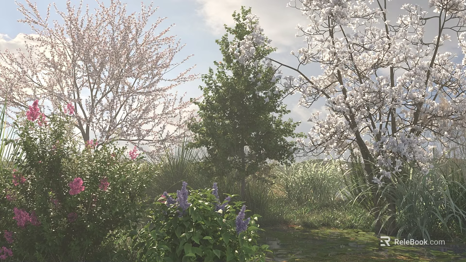 Lush Garden With Pink Cherry Blossoms White Flowers Purple Blooms And Green Trees 3d model 