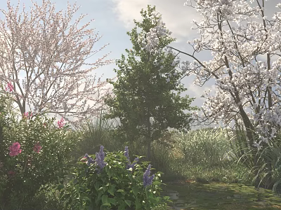 Lush Garden With Pink Cherry Blossoms White Flowers Purple Blooms And Green Trees 3d model