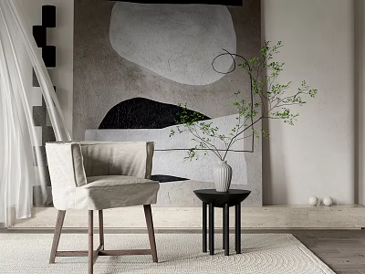 Modern Leisure Chair With Small Side Table Vase Green Plant Abstract Painting Curtains And Rug 3d model