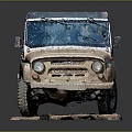 Old Dusty Off Road Vehicle With Blue Canvas Roof And Rugged Exterior