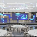 Modern Event Stage With Purple Blue Lighting Large Screen 20 Logo Round Tables And Chairs