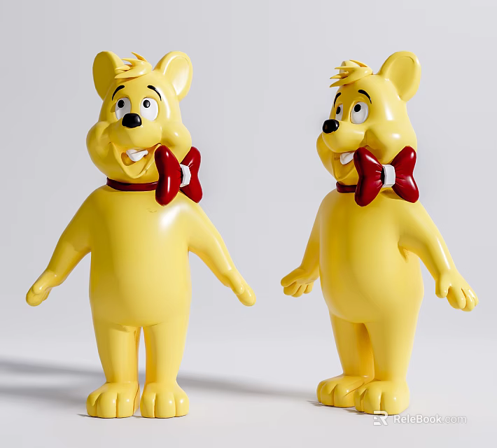 Yellow Cartoon Bear Toy Figures With Red Bow Ties Standing And Smiling 3d model 