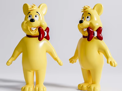 Yellow Cartoon Bear Toy Figures With Red Bow Ties Standing And Smiling 3d model