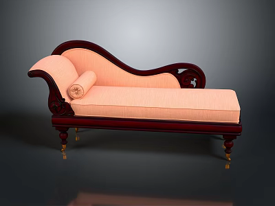Peach Colored Chaise Lounge With Dark Wooden Frame Rolled Cushion And Carved Golden Legs 3d model