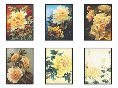Vibrant Botanical Paintings Showcasing Yellow Flowers Green Leaves And Various Artistic Designs 3d model
