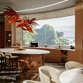 Modern Restaurant Interior Design With Circular Lighting Red Plants And Mountain View 3d model