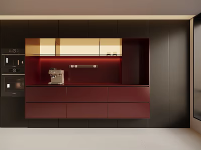 Modern Dark Red Sideboard With LED Lighting And Coffee Machine In Kitchen 3d model