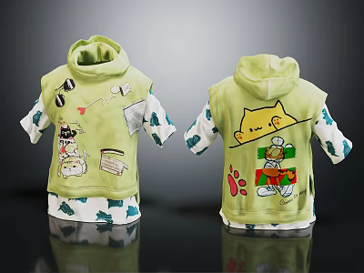 Green Hooded Vest With Front Cartoon Prints Back Cat Design And White Patterned Sleeves 3d model
