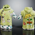 Green Hooded Vest With Front Cartoon Prints Back Cat Design And White Patterned Sleeves