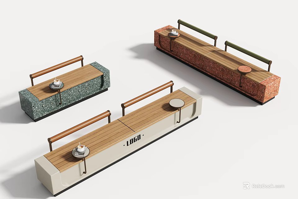 Modern Multicolor Wood Top Outdoor Bench With Built In Side Tables For Public Patio Spaces 3d model 