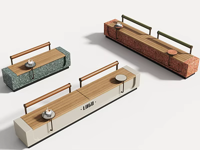 Modern Multicolor Wood Top Outdoor Bench With Built In Side Tables For Public Patio Spaces 3d model