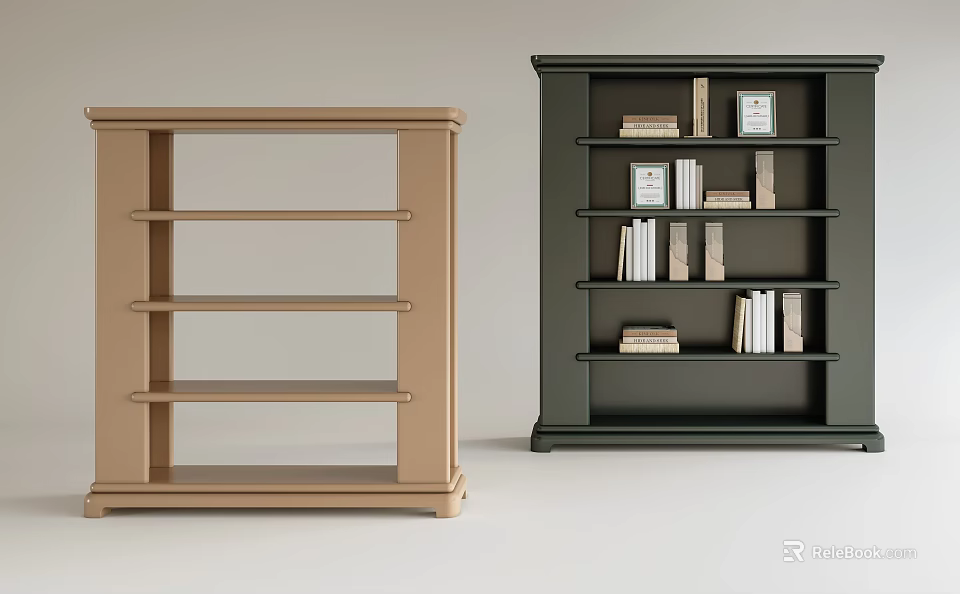 Light Brown And Dark Green Open Bookcases With Shelves Books And Decorative Items 3d model 