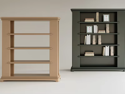 Light Brown And Dark Green Open Bookcases With Shelves Books And Decorative Items 3d model