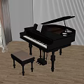Black Grand Piano With Brown Stool On Wooden Floor Near Window Curtain And Music Sheet