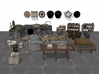 New Chinese Farm Tools Stone Mill Farm Tools Combination 3d model