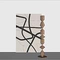 Abstract Black Line Painting With Wooden Multi Tiered Candlestick On White Background
