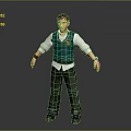 3D Character Model In Standing Pose Wearing Green Sweater Vest White Shirt And Green Pants