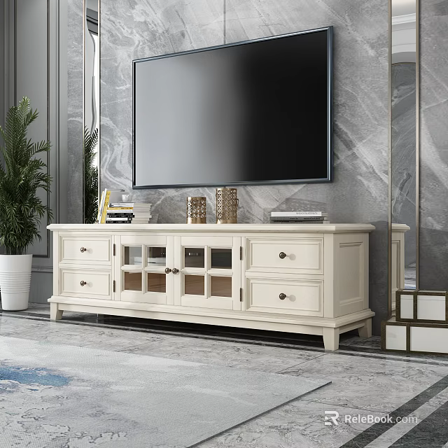 White TV Stand With Drawers Glass Doors On Marble Wall And Potted Plant 3d model 