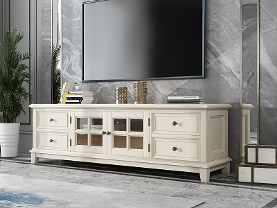 White TV Stand With Drawers Glass Doors On Marble Wall And Potted Plant 3d model