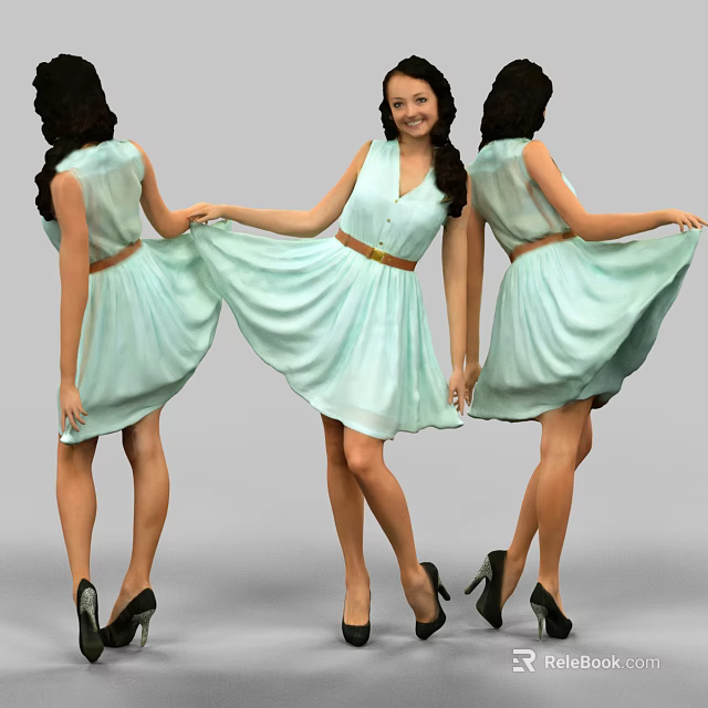 Woman Wearing Light Green Dress With Belt And Black High Heels Front Back Views 3d model 