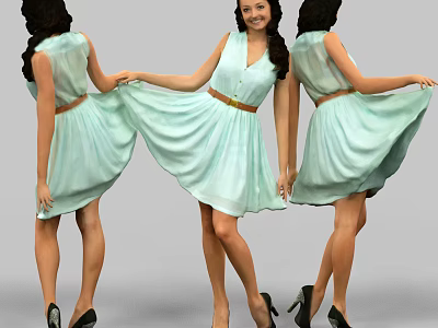 Woman Wearing Light Green Dress With Belt And Black High Heels Front Back Views 3d model