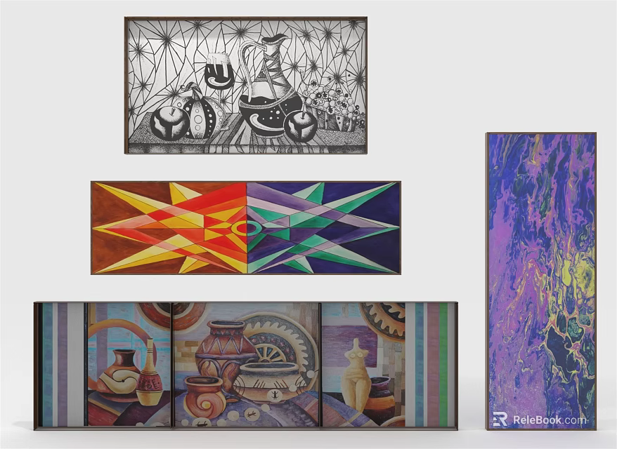 Various Colorful Abstract Paintings With Geometric Patterns And Modern Art Designs 3d model 