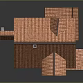 Cartoon Style Two Story House With Red Tiled Roof Arched Doorway And Stone Walls