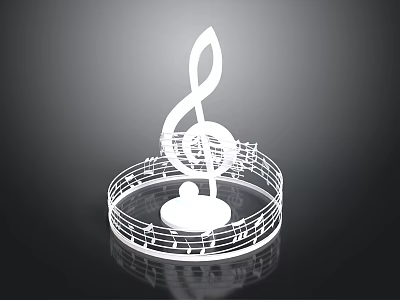 White Treble Clef Decorative Ornament With Surrounding Music Notes On Circular Base 3d model
