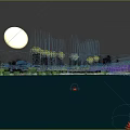 Stunning Night Scenery With Full Moon Over River And Tall Building Reflections
