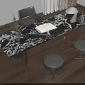 Black And White Marble Desk With Open Book Vase Plant Table Lamp Gray Chair Stools