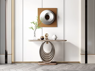 Modern Console Table With Circular Base Decorative Vase And Wall Art Design 3d model
