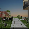 Modern Single Family House Exterior With Glass Windows Wooden Deck Stone Pathway And Green Plants