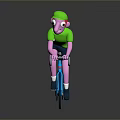 Cartoon Cyclist In Green Shirt Riding Blue Bicycle With Pink Nose And Dark Background
