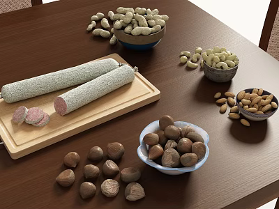 Fresh Sausages and Sliced Meat on Wooden Table with Mixed Nuts Peanuts Cashews Almonds 3d model
