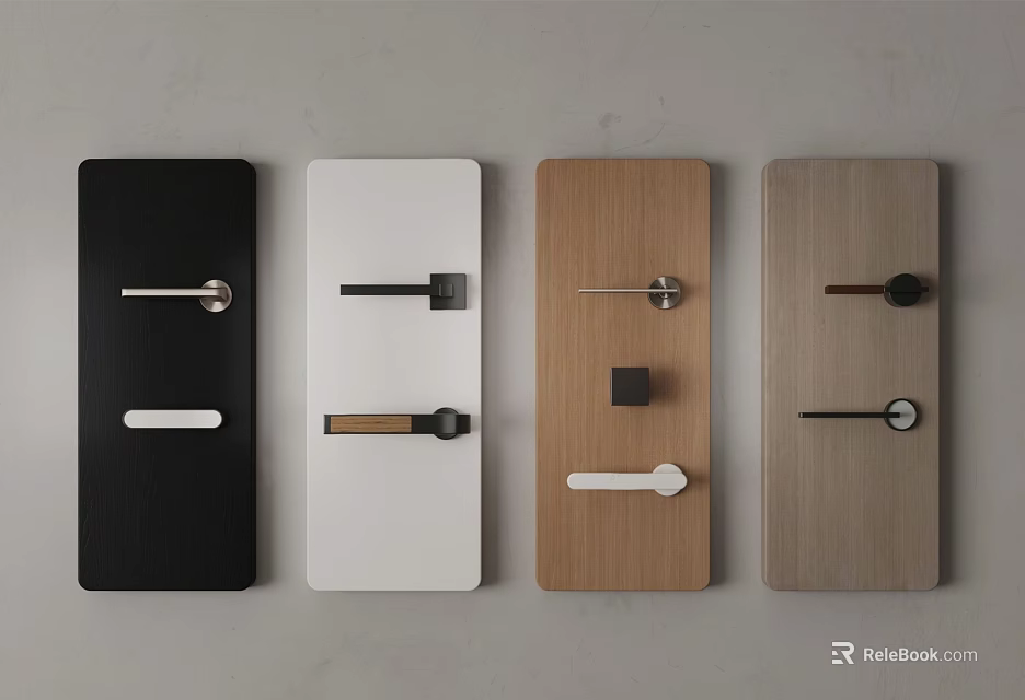 Modern Door Handles With Various Designs On Wooden White Black Panels 3d model 