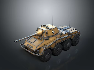 Military Brown Six Wheeled Tank Featuring Gun Barrel White Cross Antennas On Gray Background 3d model