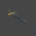 Ancient Ornate Sword with Golden Intricate Design and Red Gemstone Embedded on Detailed Hilt