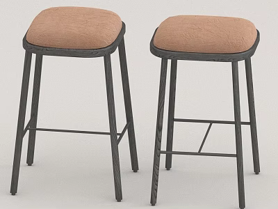 Two Modern High Black Metal Frame Stools With Light Brown Fabric Seats 3d model