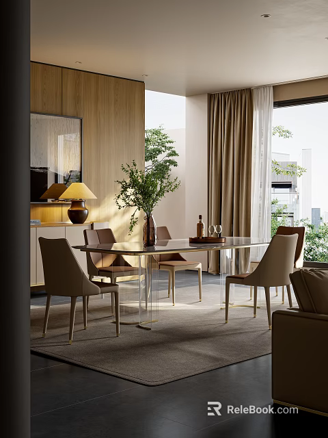 Elegant Modern Restaurant Interior With Glass Dining Table Beige Chairs Green Plant And Beige Curtains 3d model 