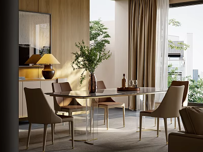 Elegant Modern Restaurant Interior With Glass Dining Table Beige Chairs Green Plant And Beige Curtains 3d model