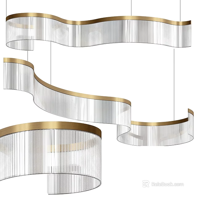 Elegant Modern Curved Chandelier With Gold Frame And Transparent Strips For Interior Decoration 3d model 