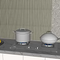 Kitchen Appliances on Stove with Blue Flames Lemons Wine Bottle Striped Wall and Green Plant