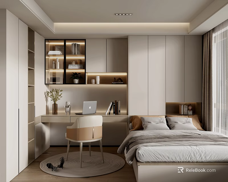 Modern Tatami Bedroom Interior Design With Tatami Bed Desk Laptop Books And Open Shelves 3d model 