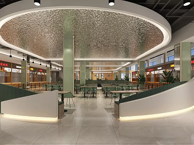 Modern Style Cafeteria With Circular Ceiling Green Columns Tables Chairs And Shops 3d model