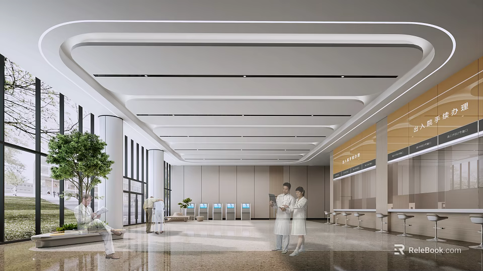 Modern Hospital Outpatient Clinic Hall With Medical Staff And Patients 3d model 